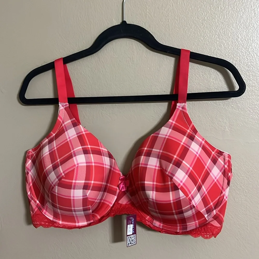 2/$24 Adore Me Bra Kati Sz Various Red Plaid Lace/Bow Detail Underwire Feminine